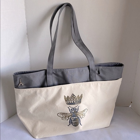 Queen Bee with Eiffel Tower Large Canvas Tote Bag Light Gray NWNT pockets - Picture 1 of 11